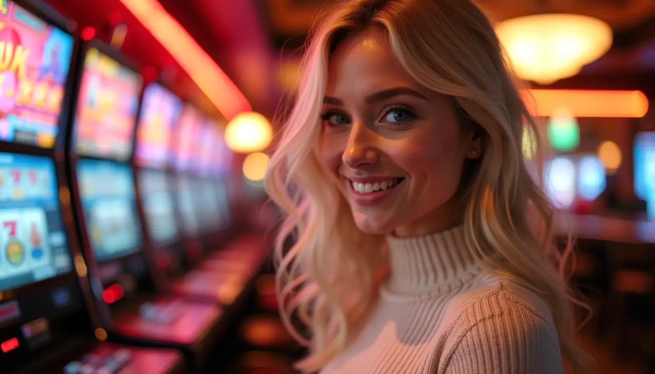 Blonde woman smiling at camera with neon casino atmosphere in background