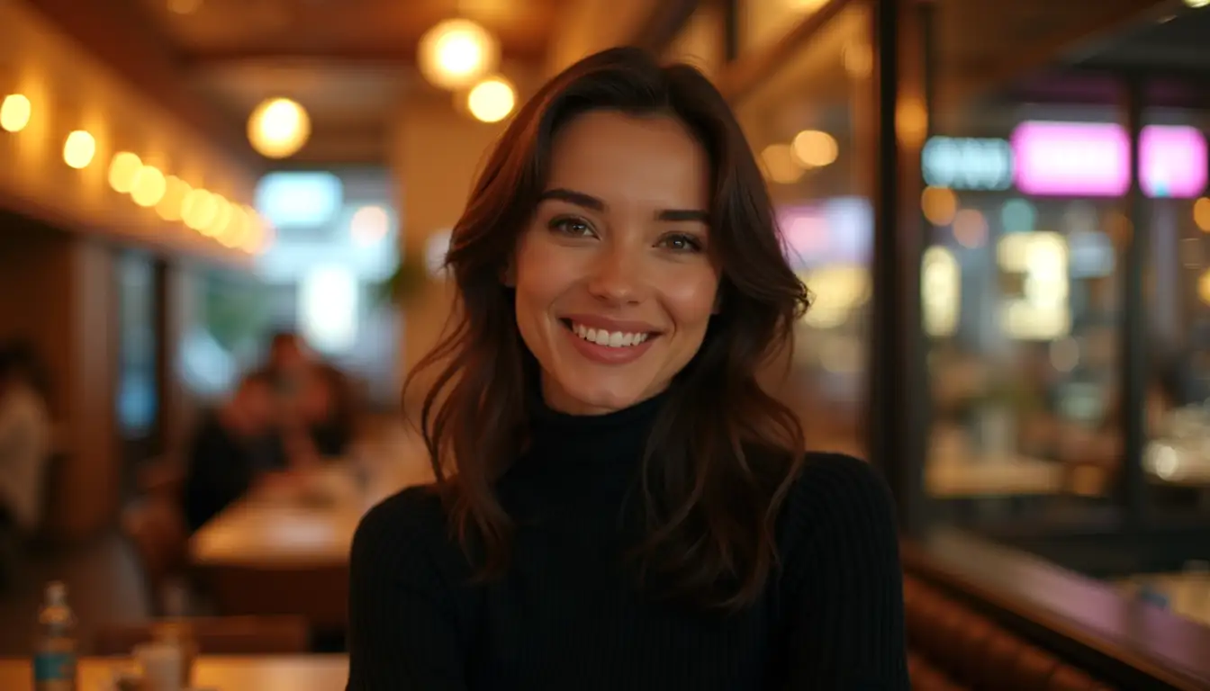 Confident woman smiling near upscale dining table with casino mood